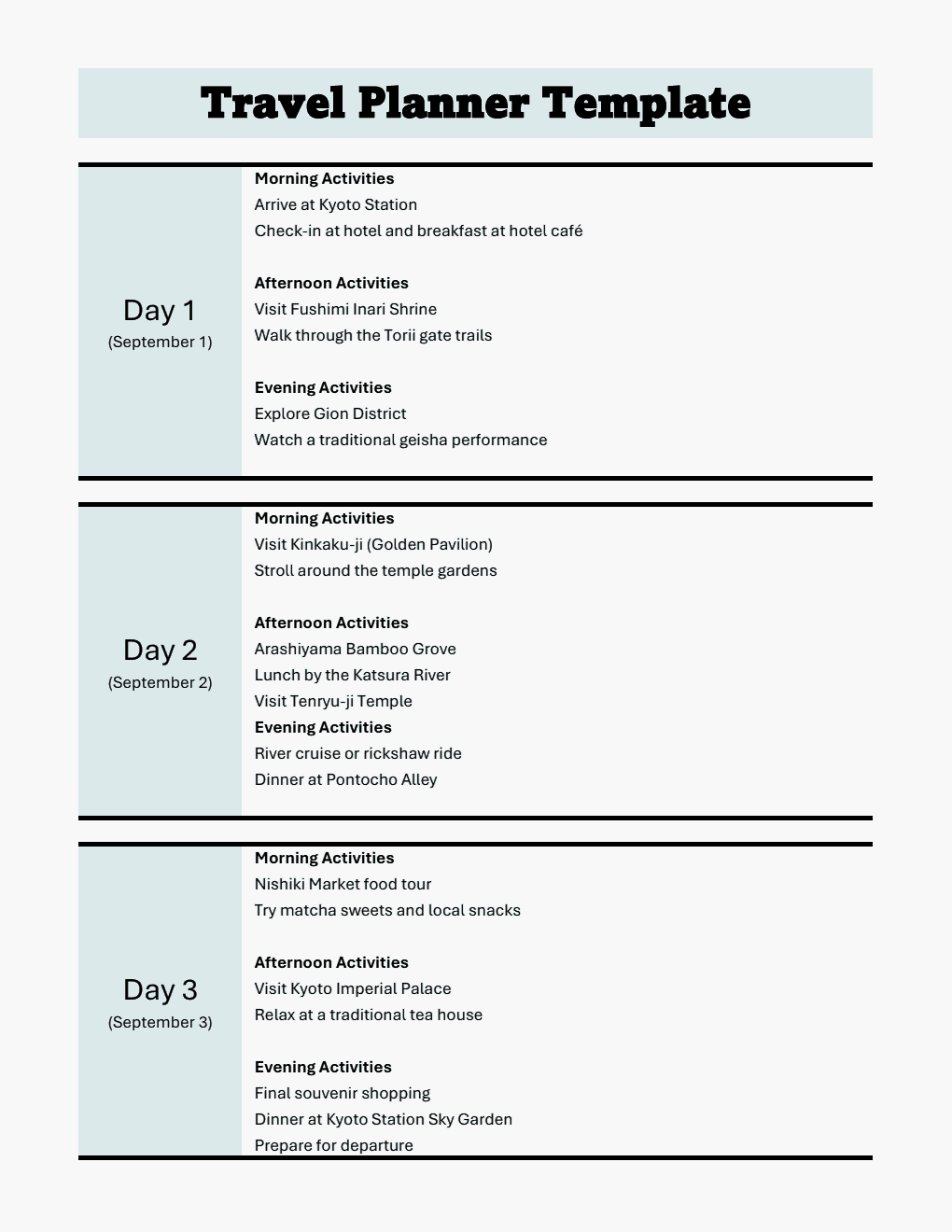 10-Day Travel Itinerary Template (Downloadable in Excel)