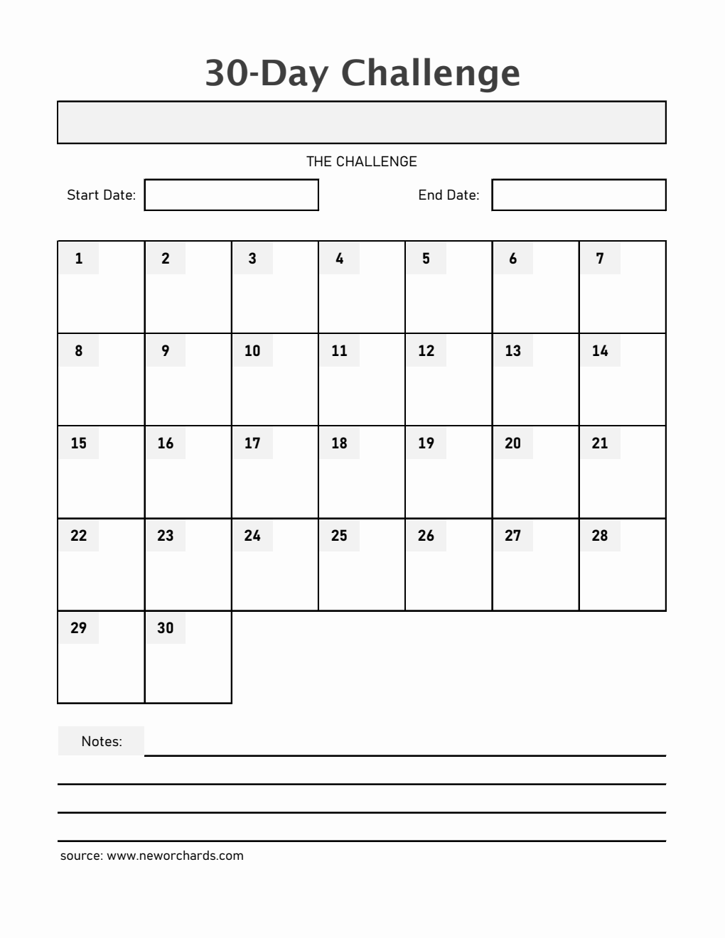 Printable 30-Day Challenge Template in Excel (With Pre-Filled Days)