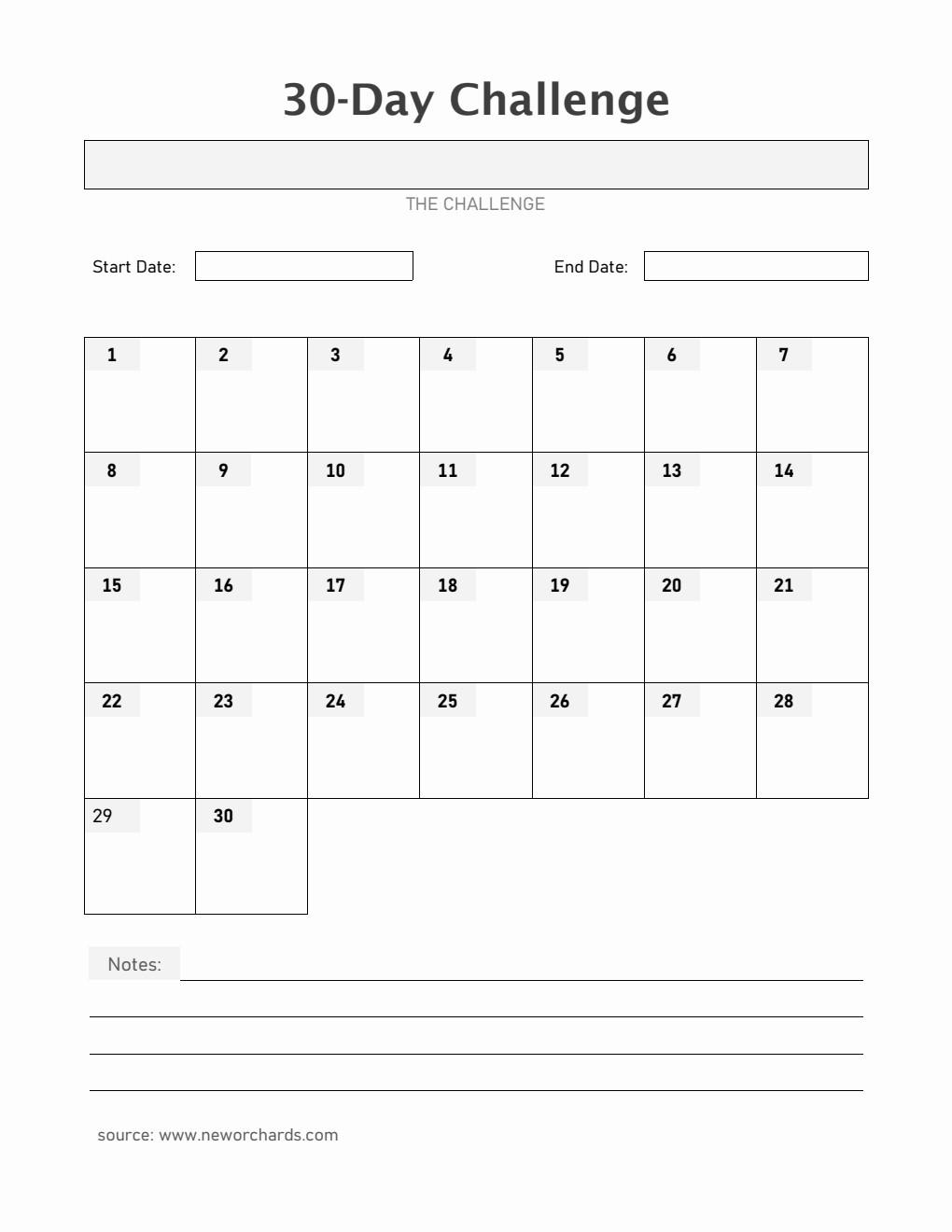 Printable 30-Day Challenge Template in PDF (With Pre-Filled Days)