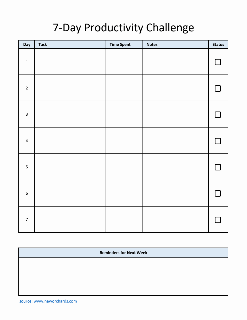  7-Day Productivity Challenge Template (Excel)