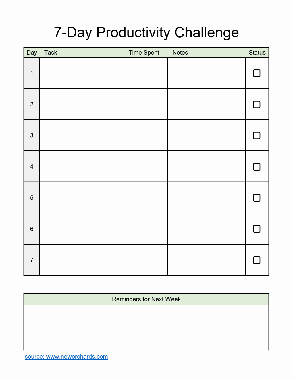 Printable 7-Day Productivity Challenge Template (Excel)