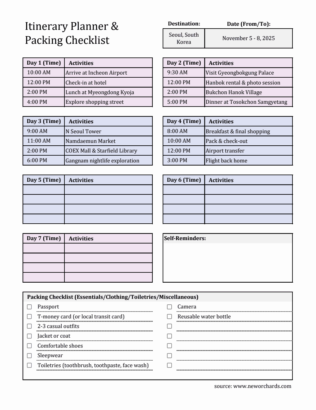 Free Customizable 7-Day Travel Itinerary Template  in Excel Format