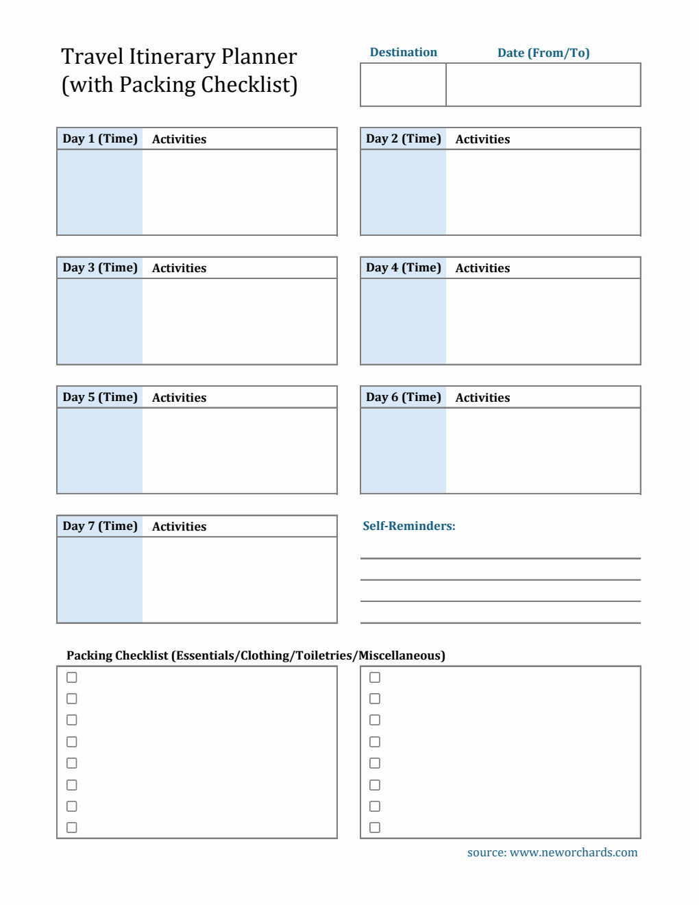 Free  7-Day Travel Itinerary Template  in Excel Format