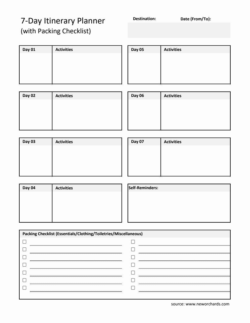 Free Printable 7-Day Travel Itinerary Template  in Excel Format