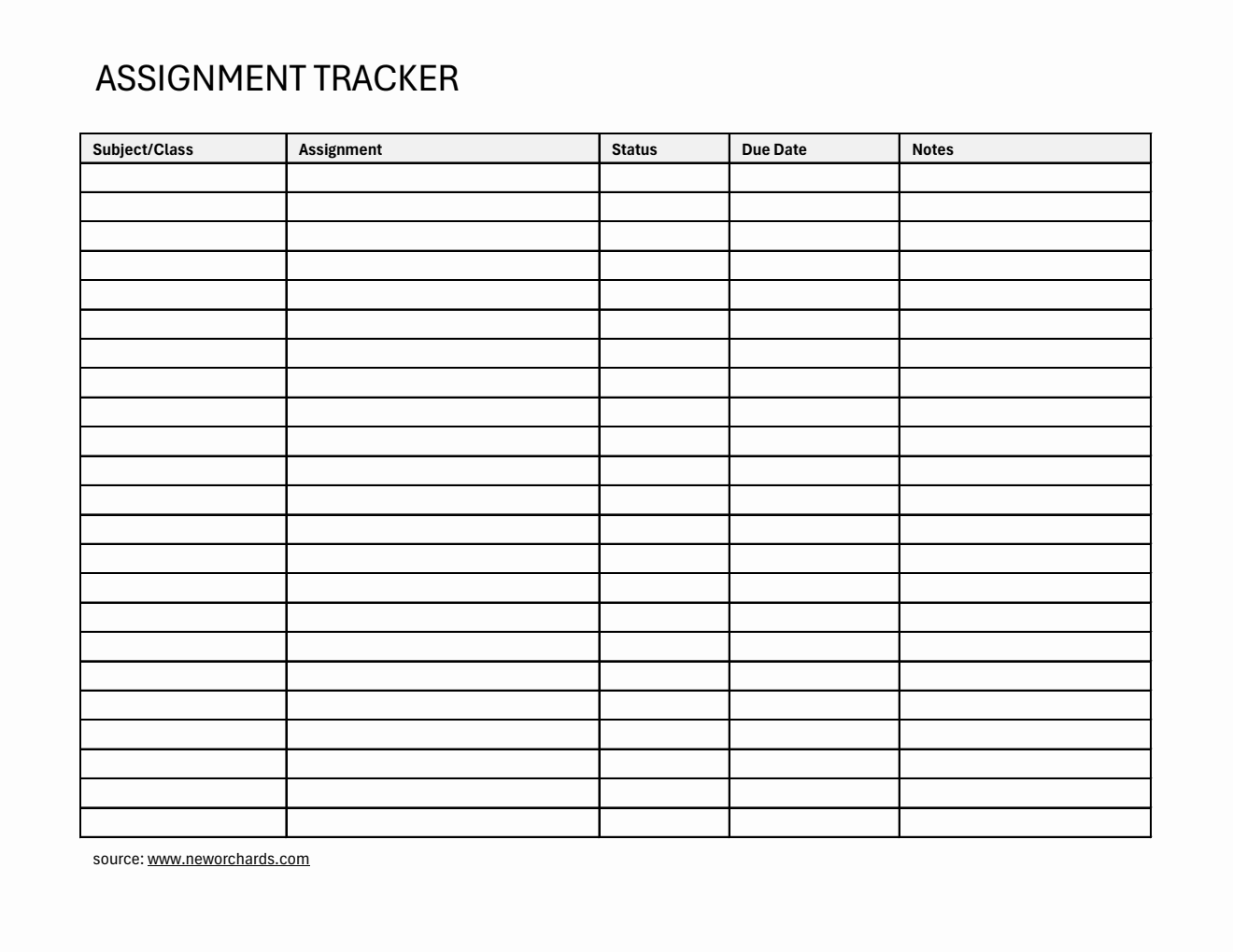 Free Printable Assignment Tracker (Excel)