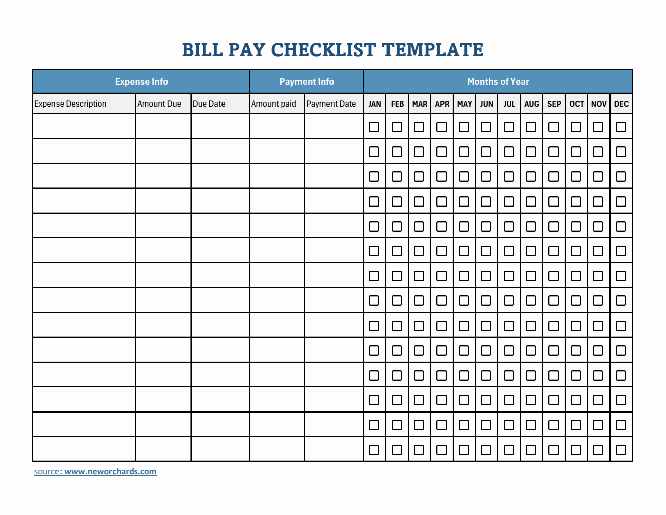 Printable Bill Pay Checklist Template in Excel