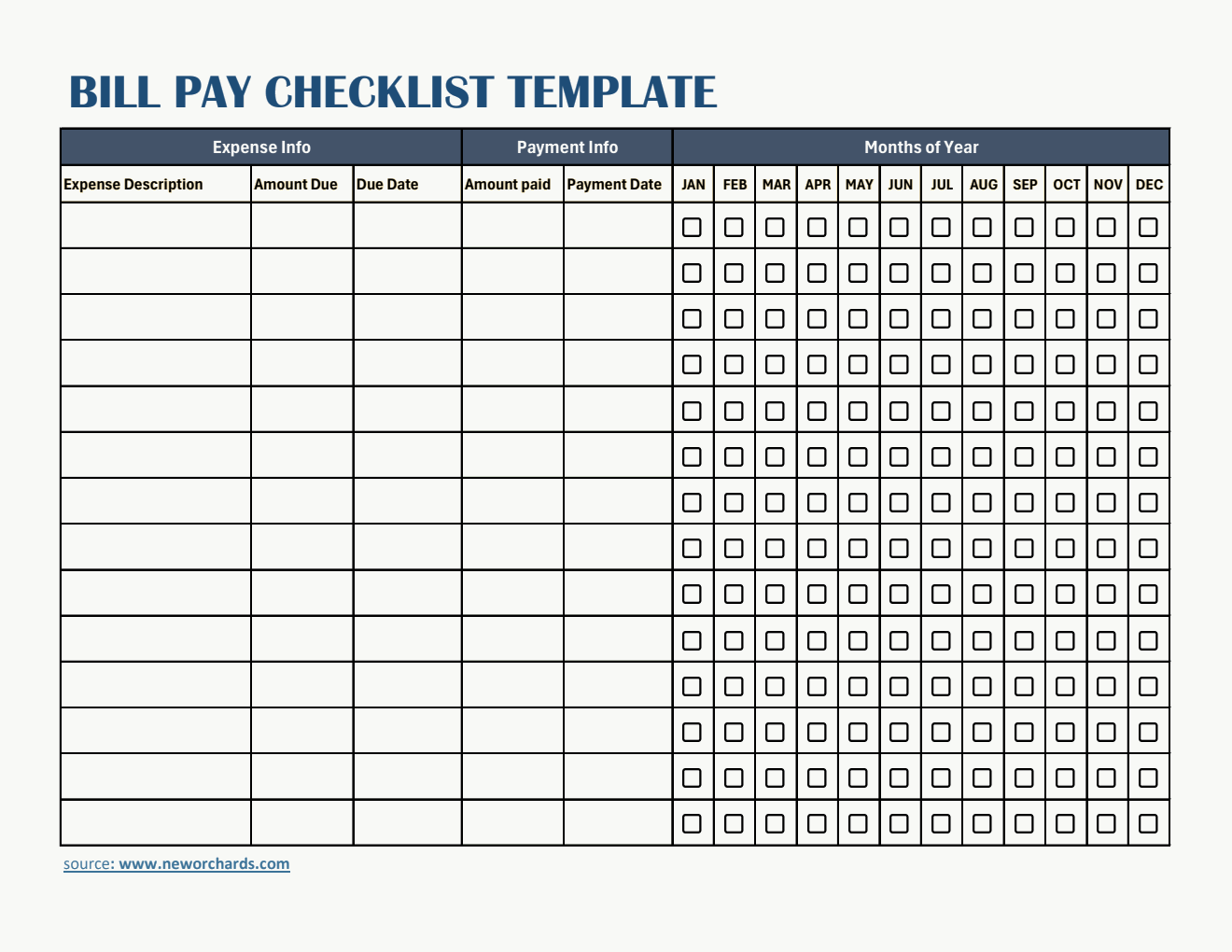 Editable Bill Pay Checklist Template in Excel