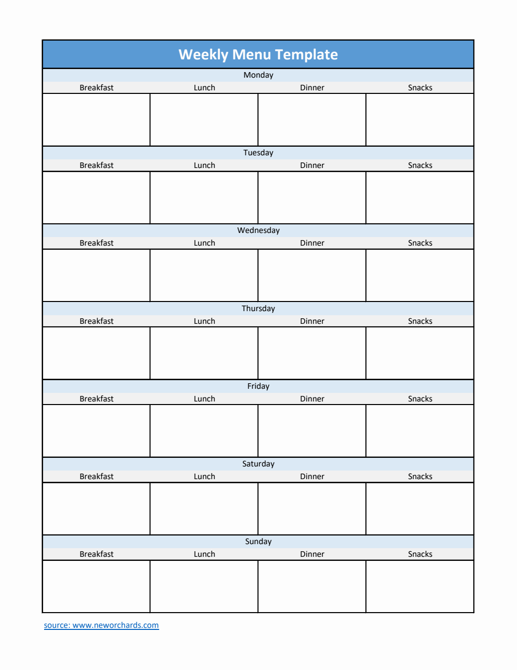 Weekly Menu Template | Free Download in Excel (Blue)