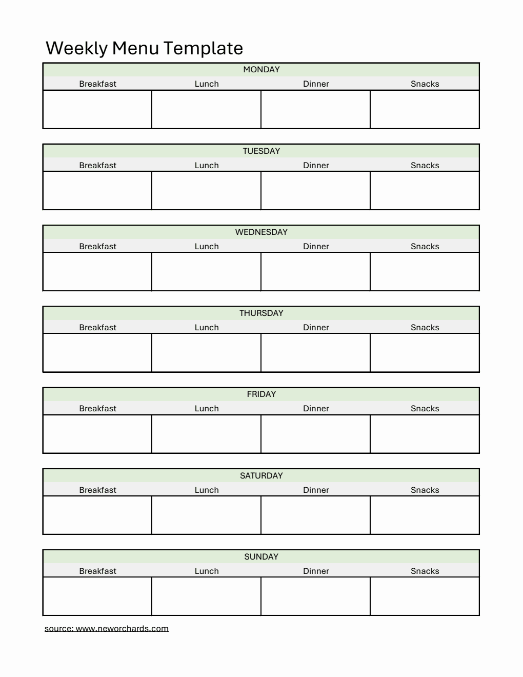 Weekly Menu Template | Free Download in Excel (Green)