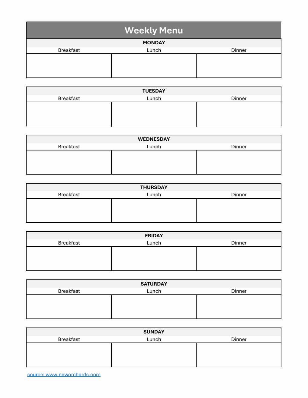 Weekly Menu Template | Free Download in Excel (Basic)