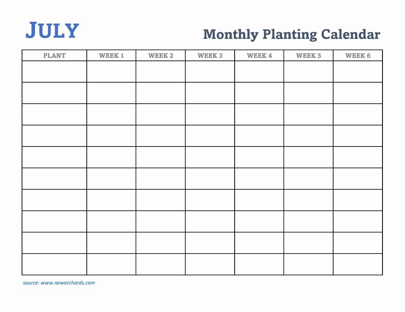 Gardening Calendar for July - Free Printable Template in Excel