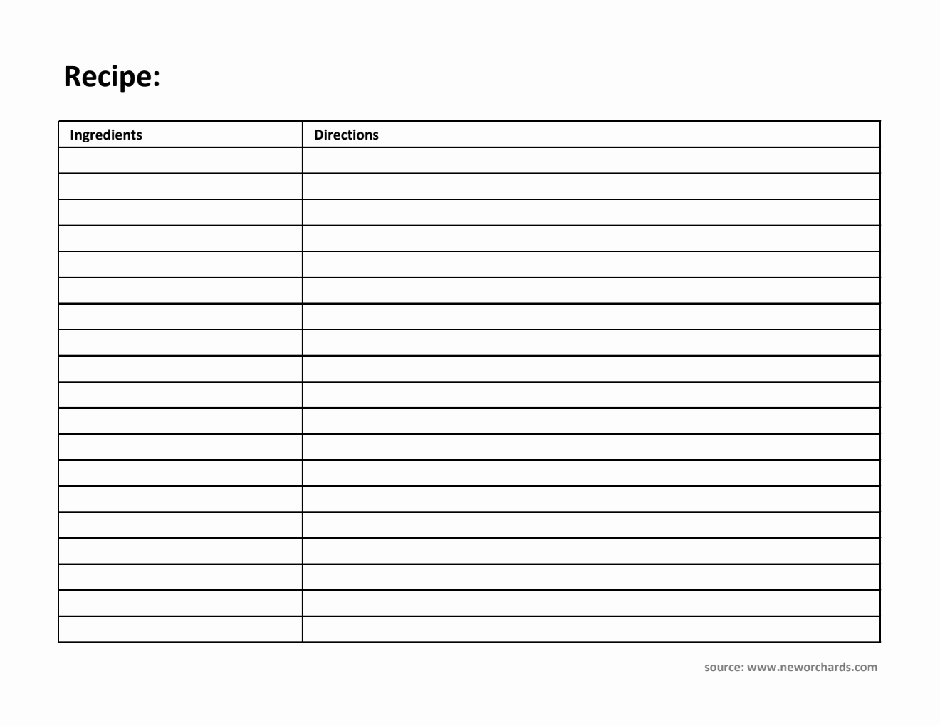 Printable Blank Recipe Template in Excel (Landscape)