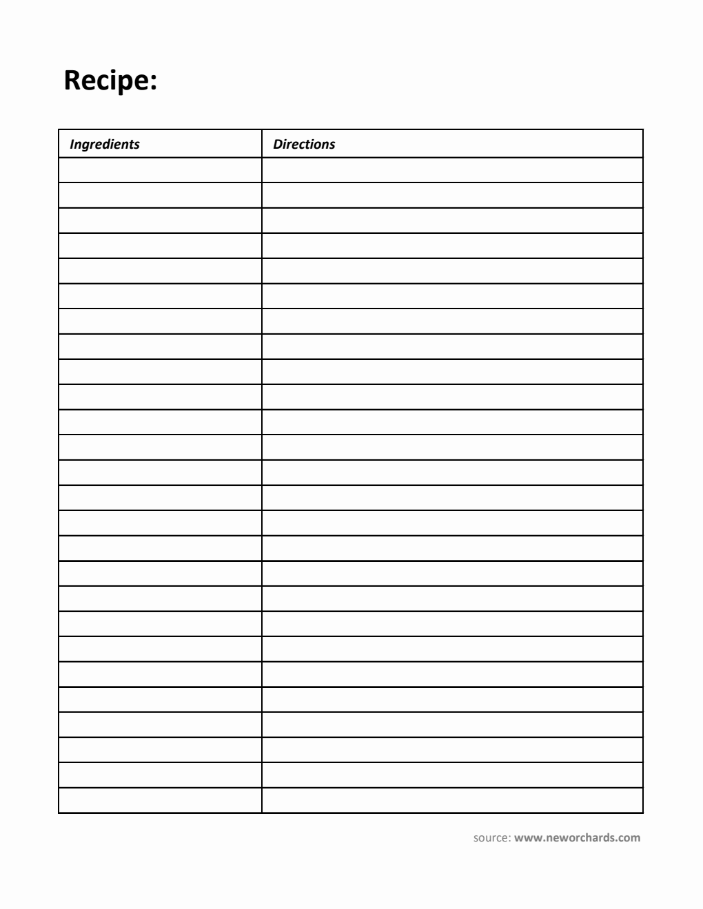 Printable Blank Recipe Template in Excel (Portrait)