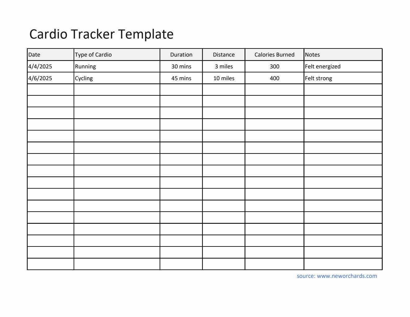 Printable Cardio Tracker in Excel