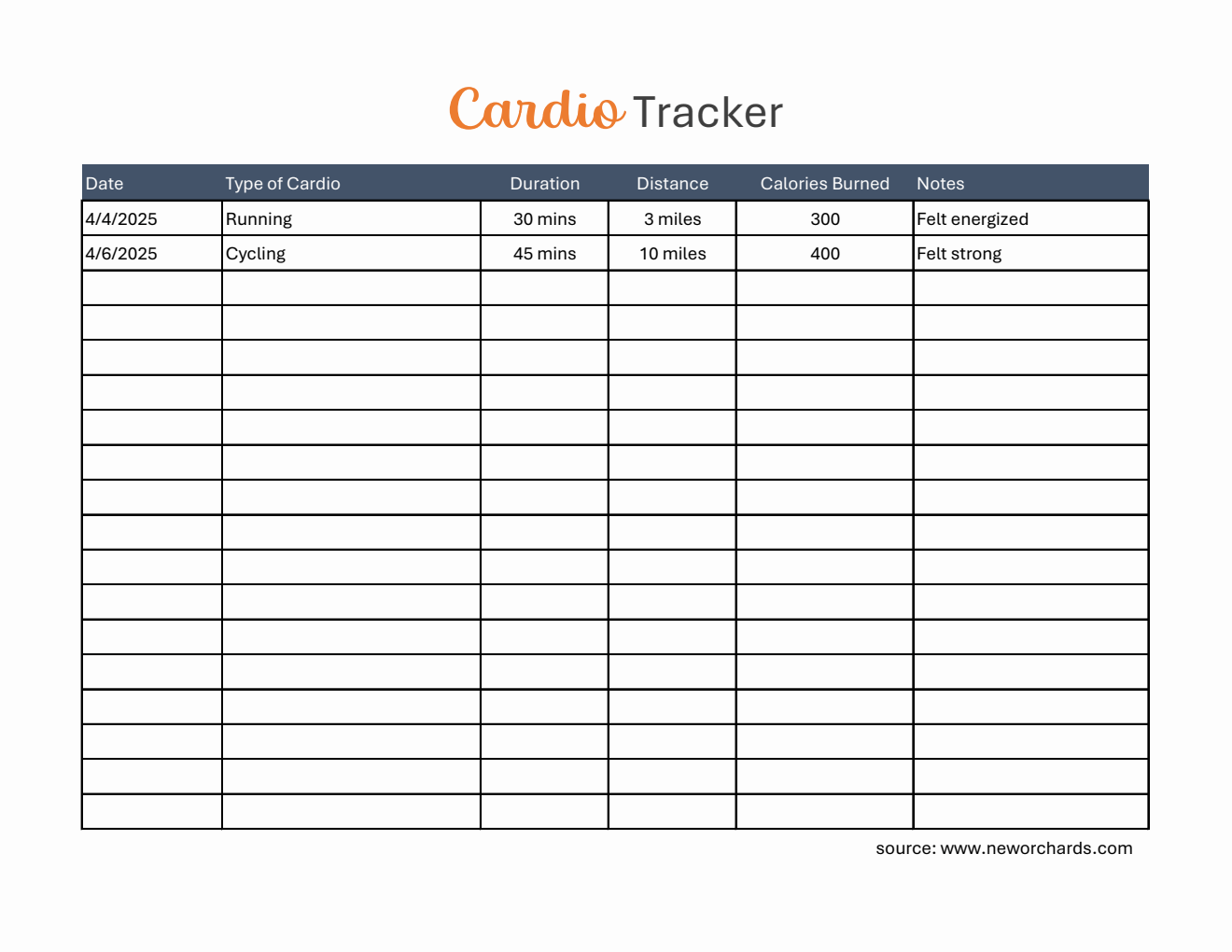 Editable Cardio Tracker in Excel
