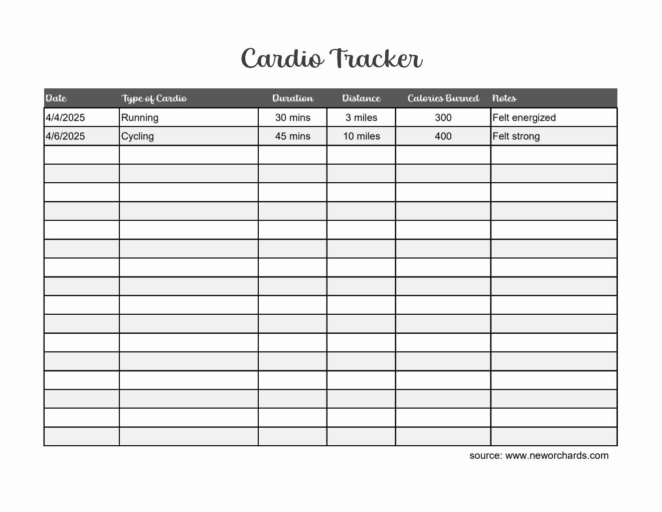 Basic Cardio Tracker in Excel