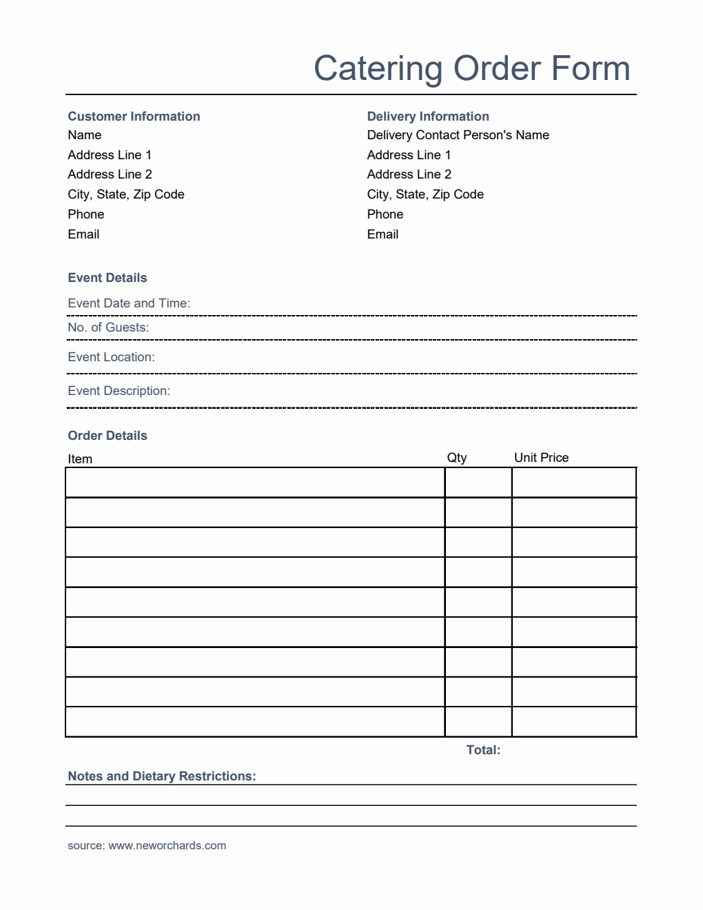 Blank Catering Order Form Template in Excel