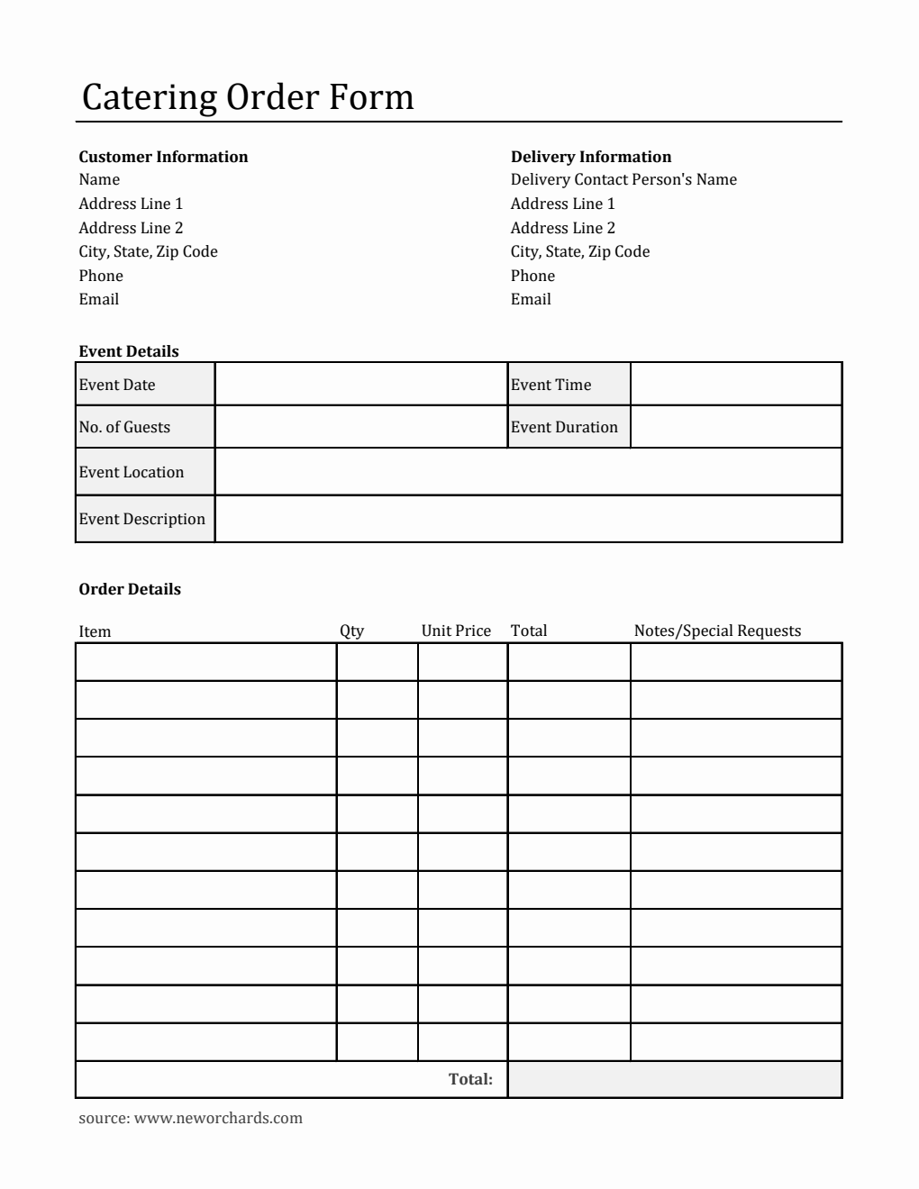 Editable Catering Order Form Template in Excel