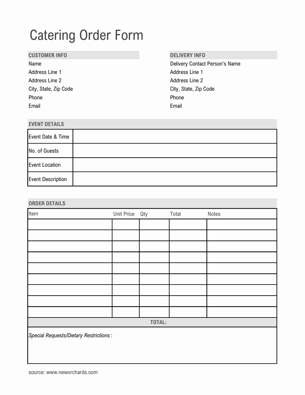 Simple Catering Order Form Template in Excel