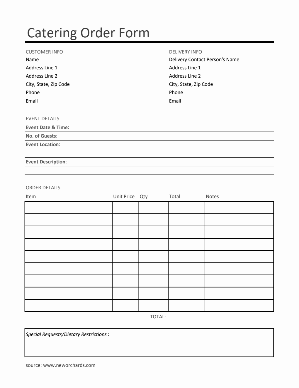 Printable Catering Order Form Template in Excel