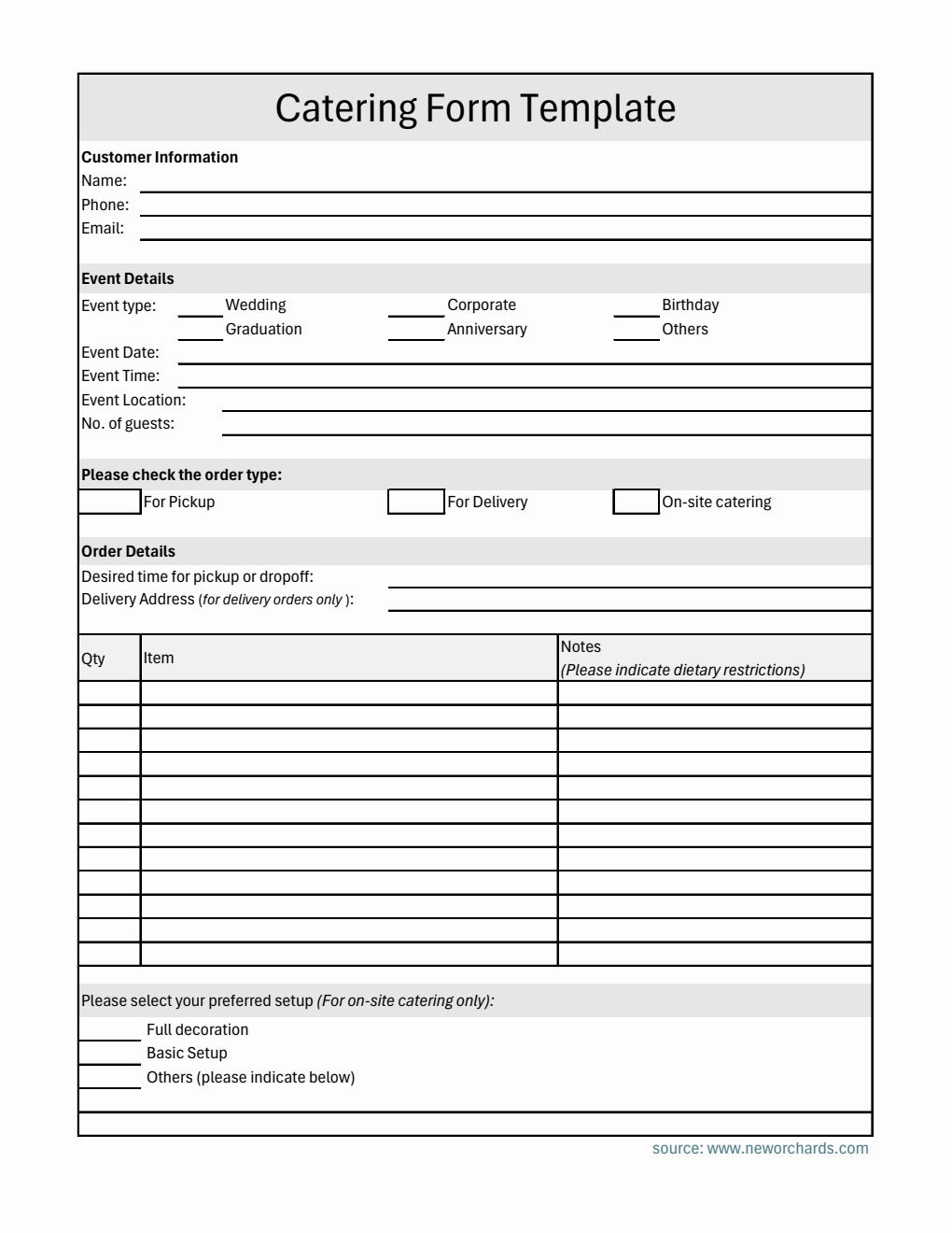 Simple Catering Order Form in Excel Format