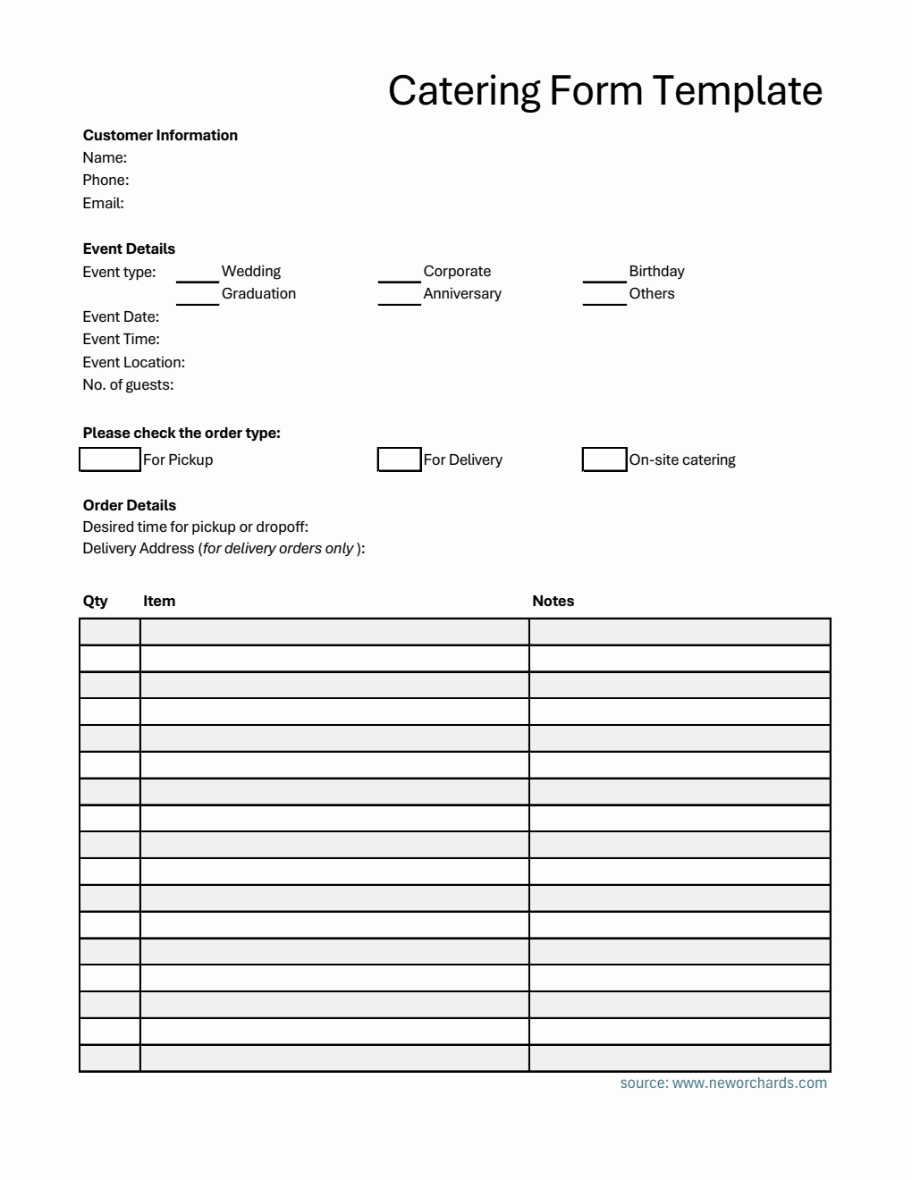 Editable Catering Order Form in Excel Format