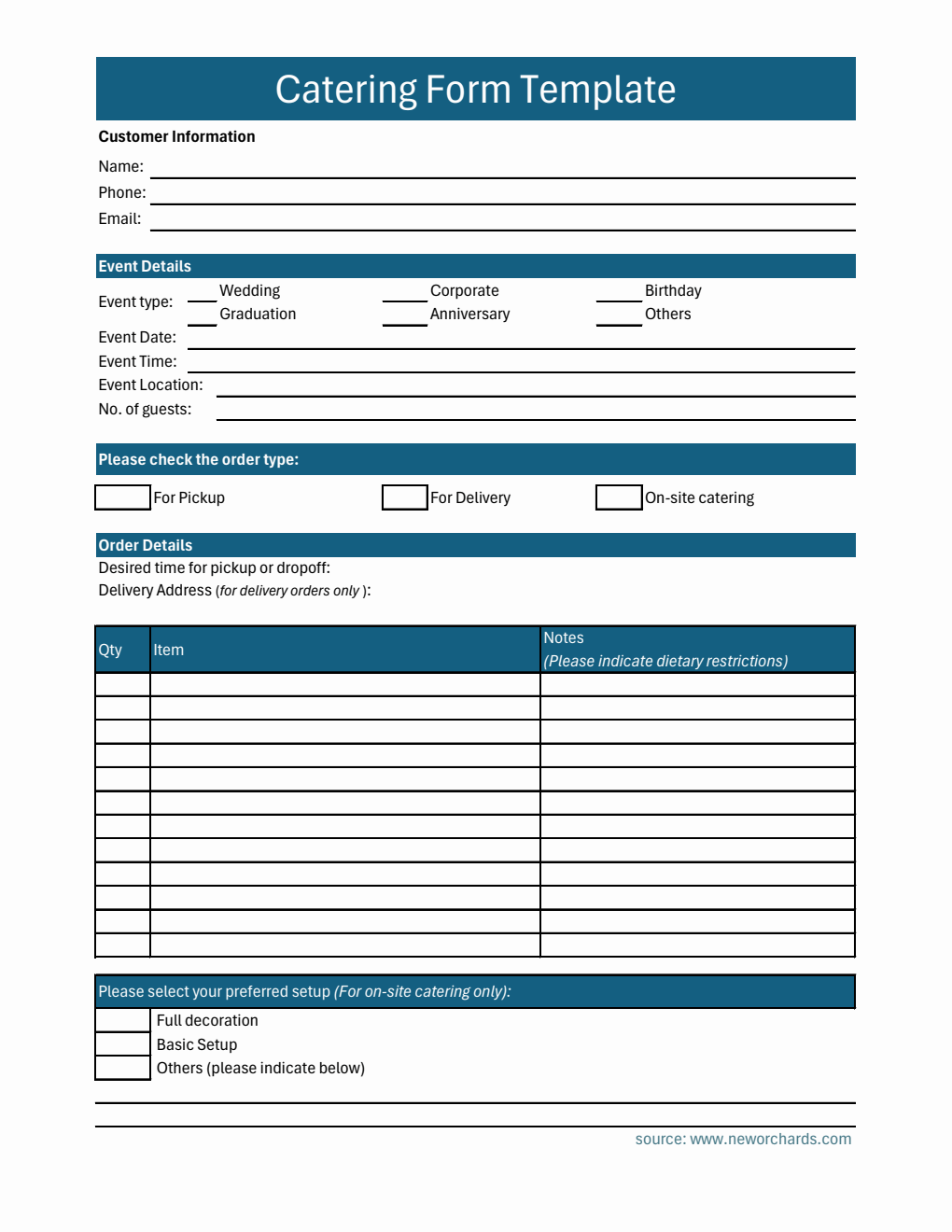 Basic Catering Order Form in Excel Format