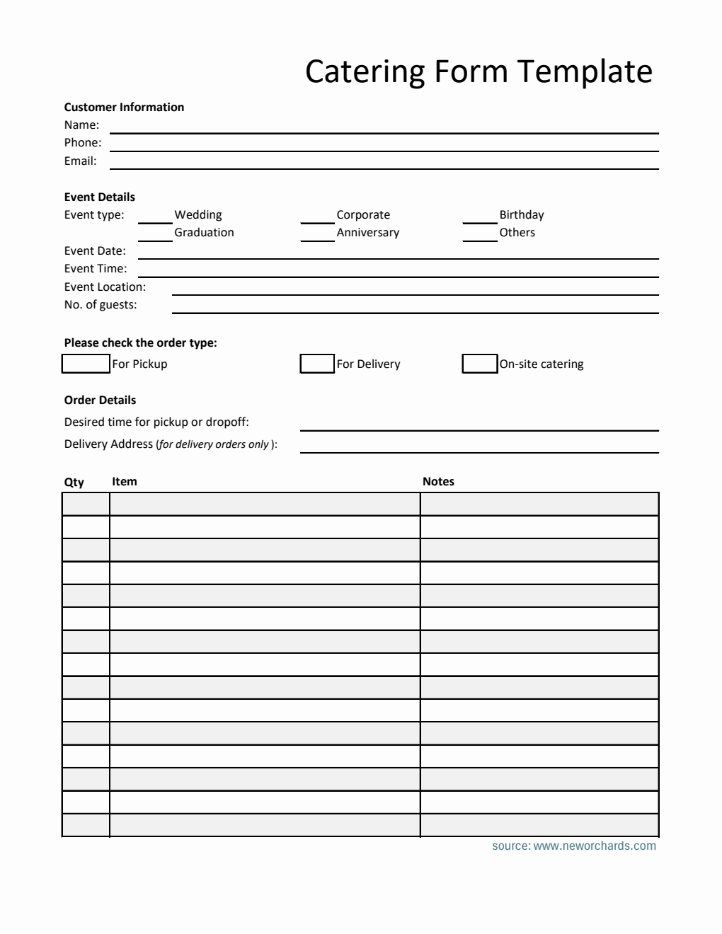 Downloadable Catering Order Form in Excel Format