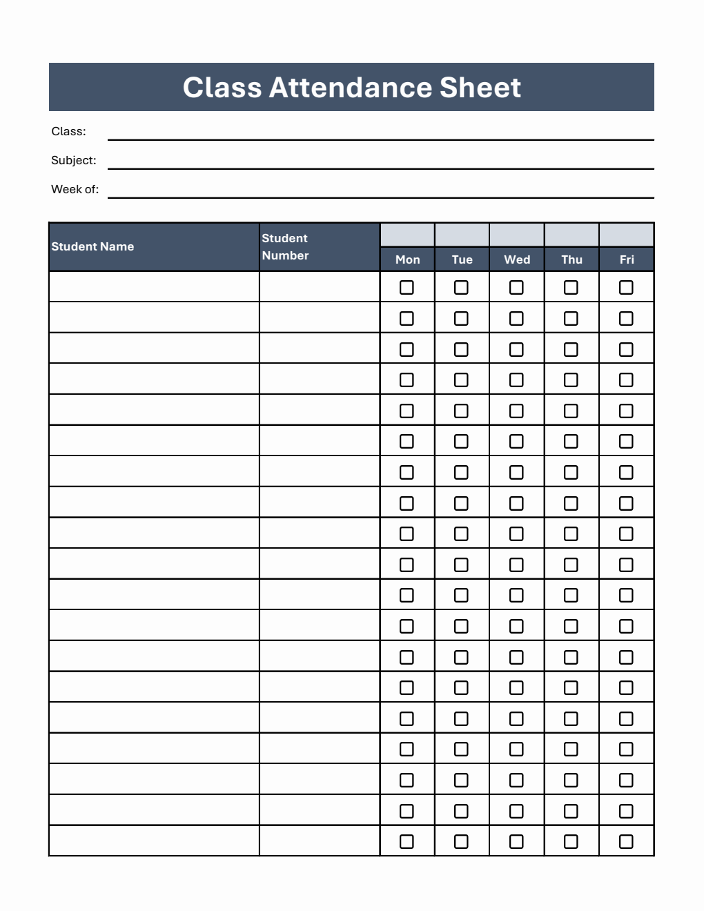 Customizable Class Attendance Sheet with Student Number in Excel