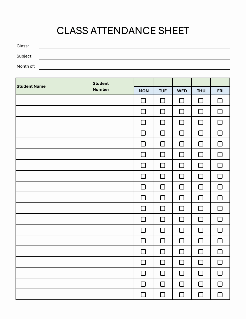  Class Attendance Sheet with Student Number in Excel