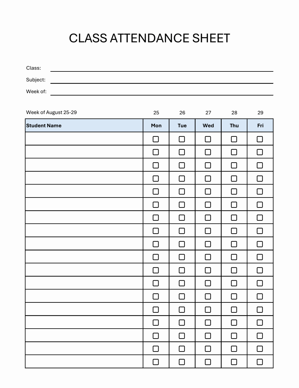  Weekly Class Attendance Sheet | Free Download in Excel