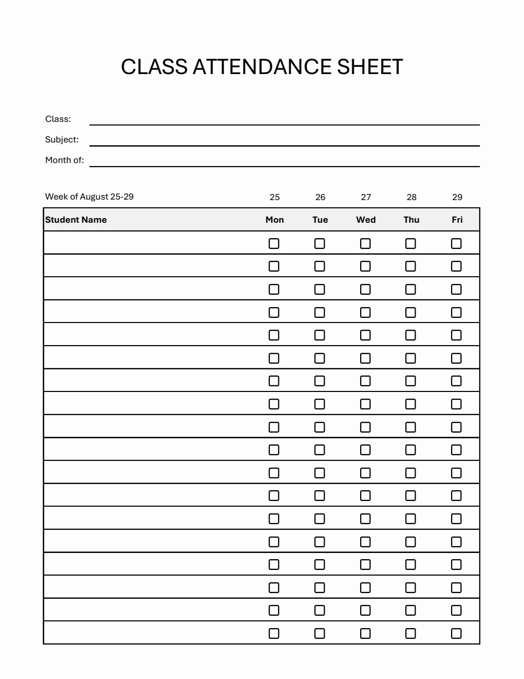Printable Weekly Class Attendance Sheet | Free Download in Excel