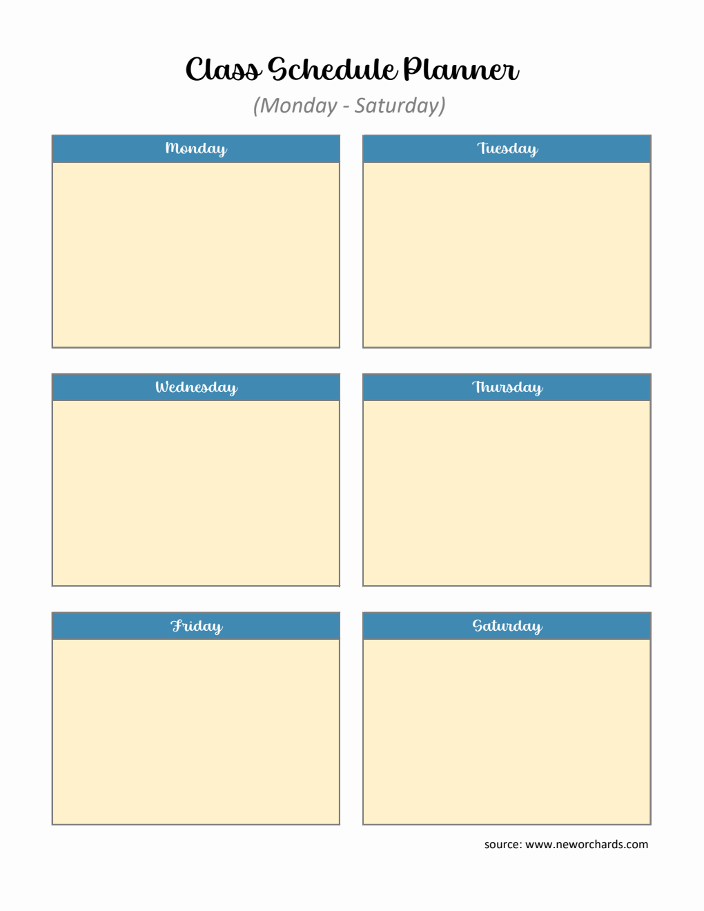 Excel Class Schedule Planner (Monday-Saturday) | Blank Weekly Organizer