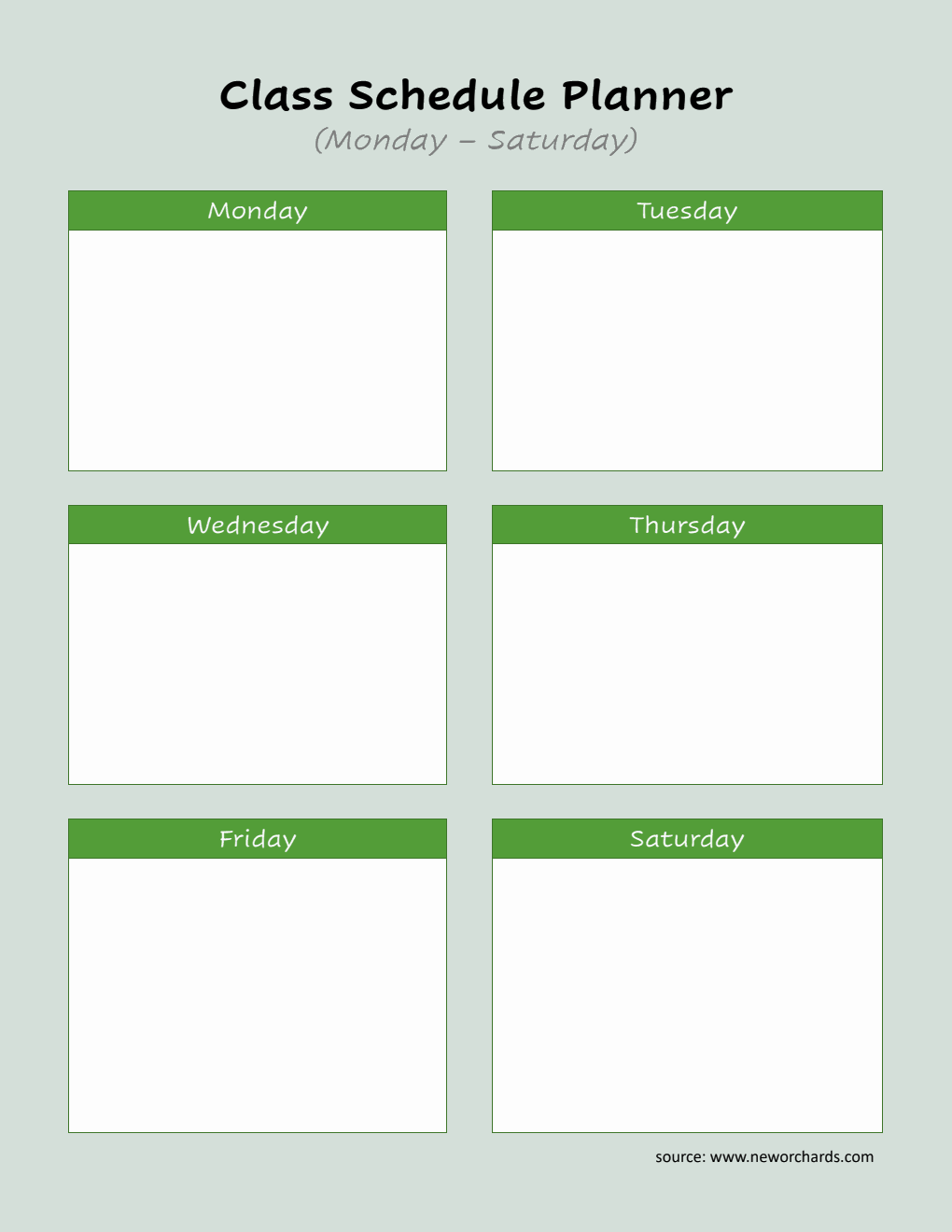 PDF Class Schedule Planner (Monday-Saturday) | Blank Weekly Organizer