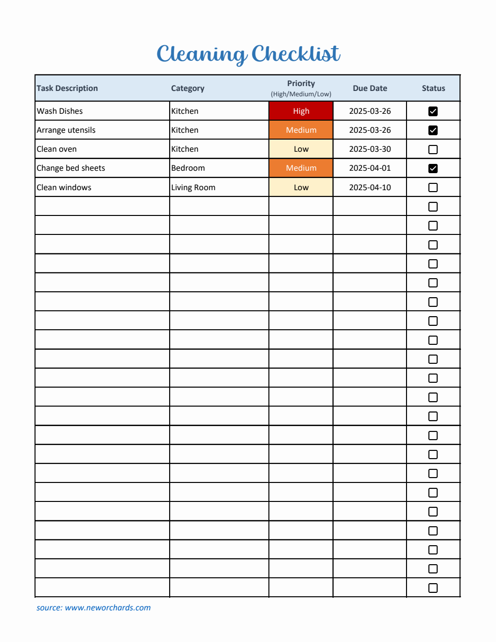 Editable Cleaning Checklist Template Excel