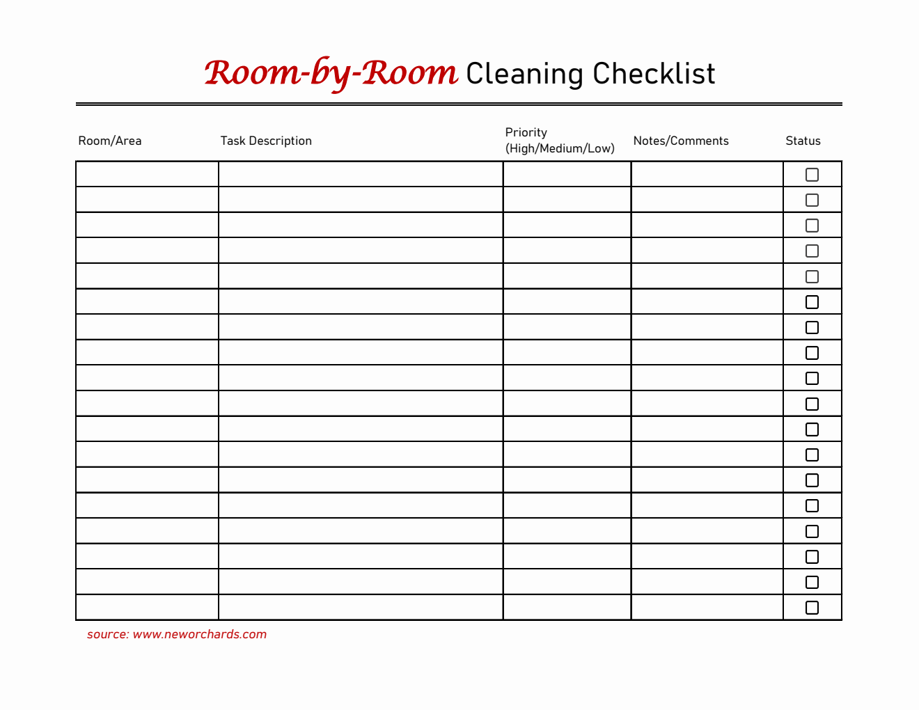 Free Excel Cleaning Checklist Template (Room-by-Room)