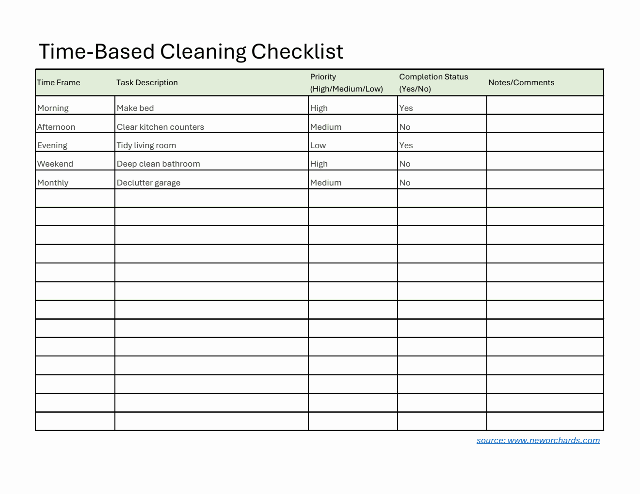 Free Cleaning Timetable Template in Excel