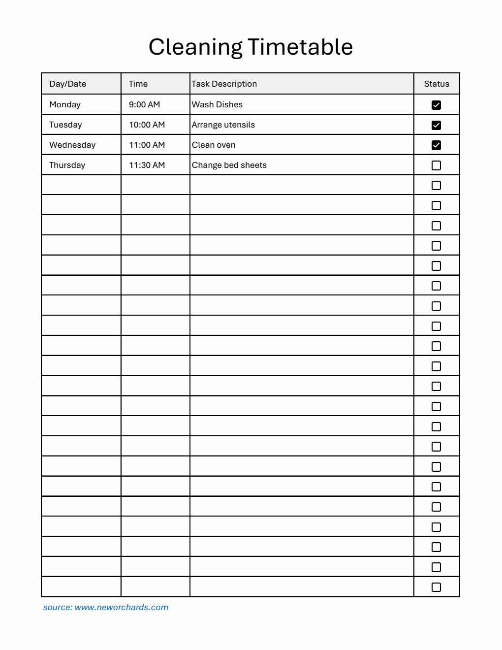  Cleaning Timetable Template in Excel