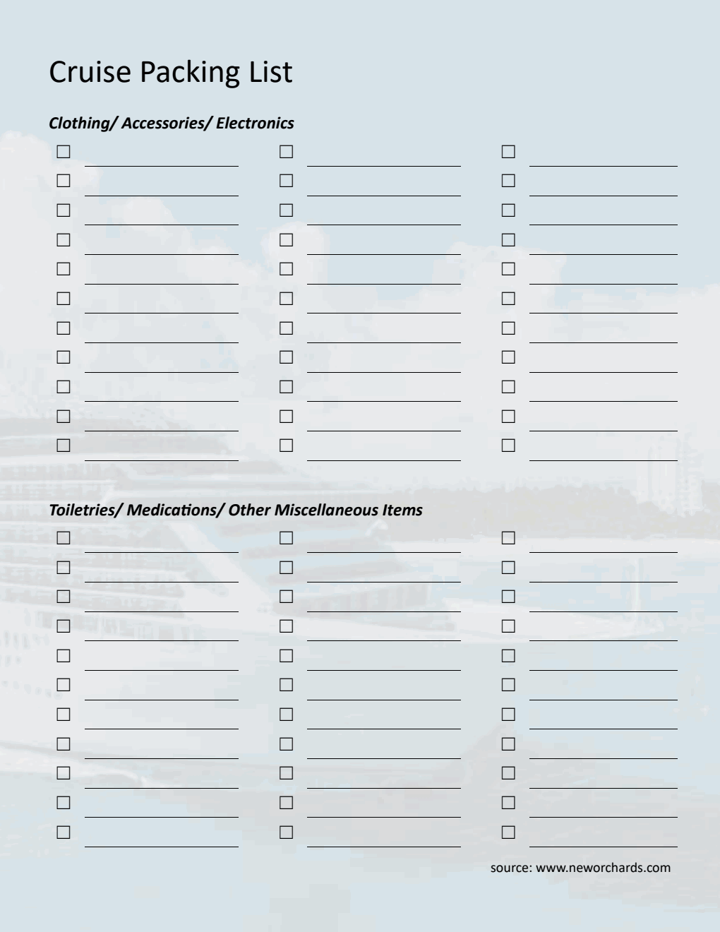 Free Cruise Packing Checklist  in Word
