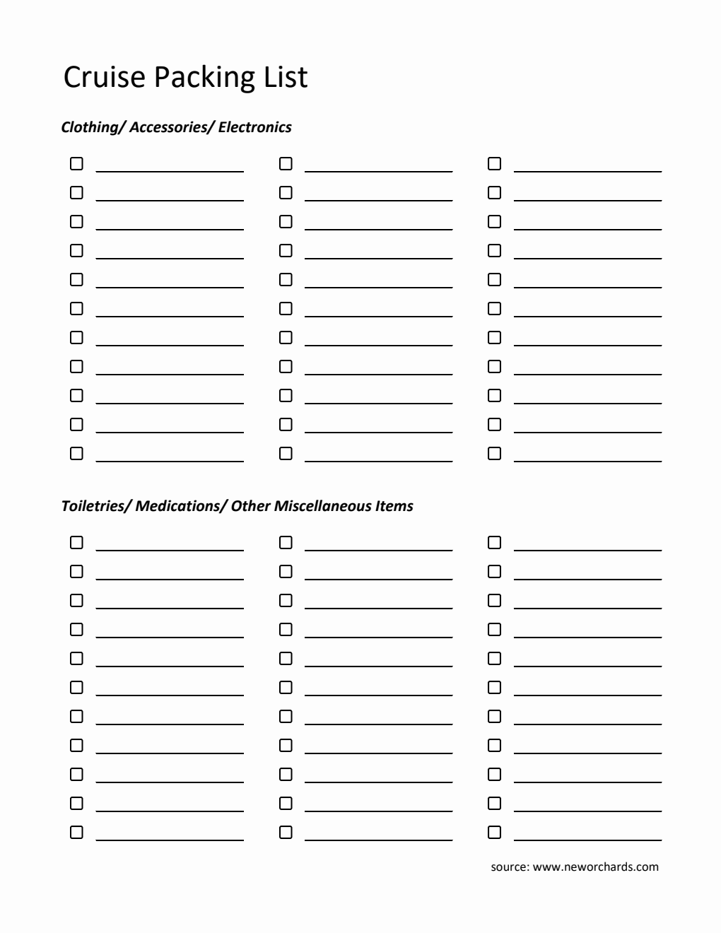 Free Cruise Packing Checklist  in Excel
