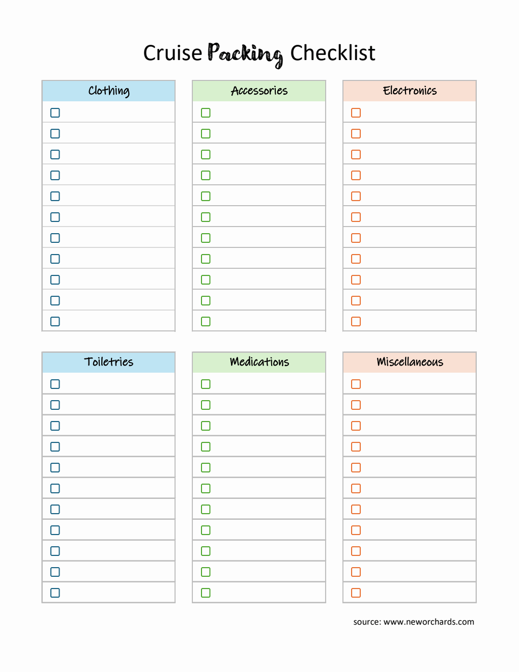 Free Cruise Packing Checklist Editable in Excel