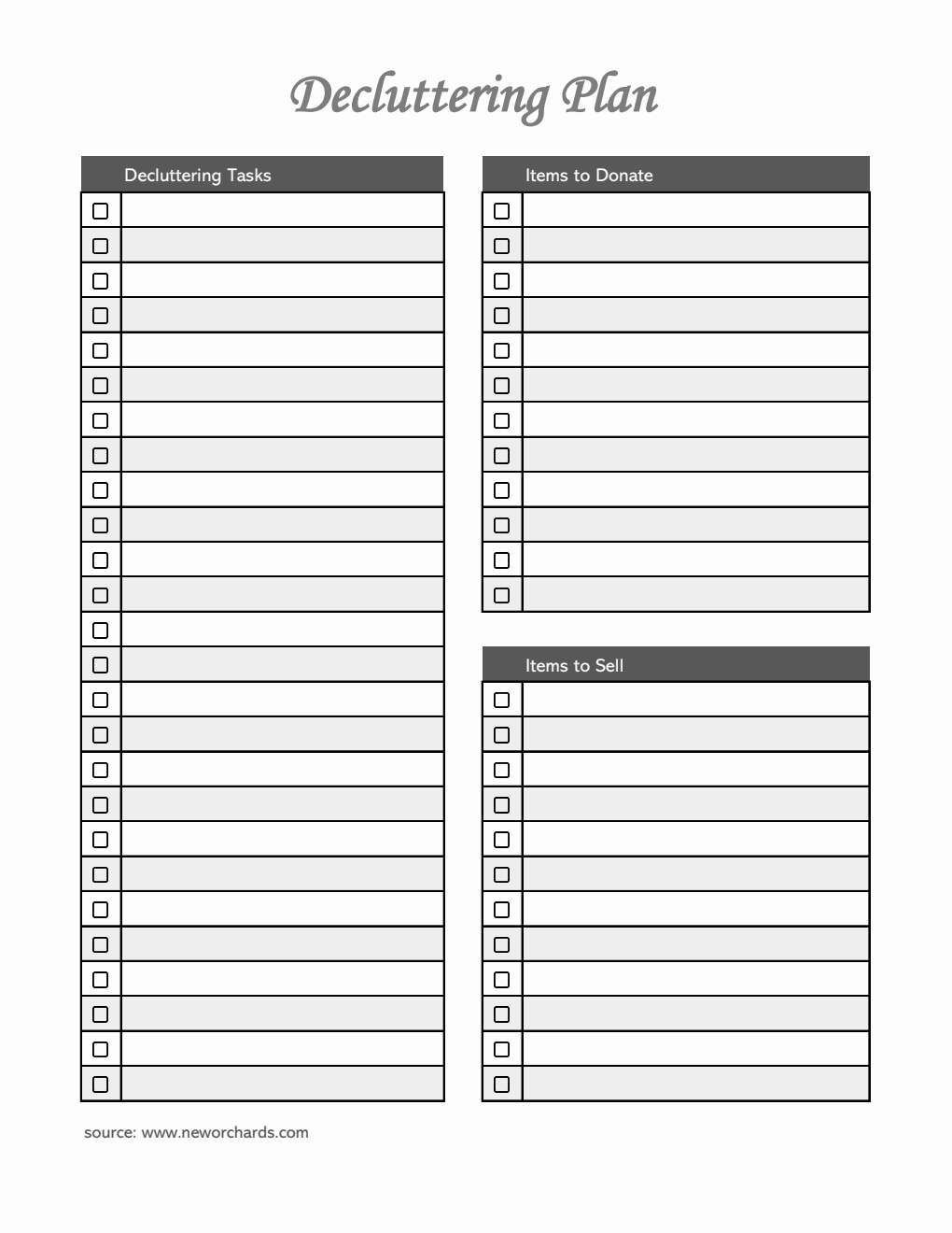 Blank Editable Decluttering Template in Excel