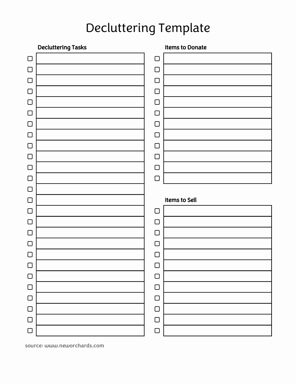 Blank Printable Decluttering Template in Excel