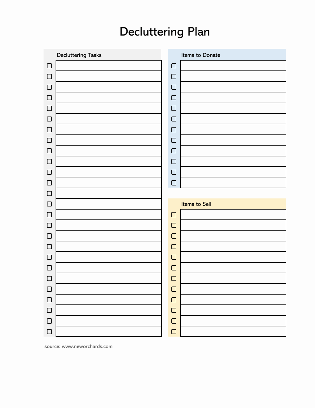 Blank  Decluttering Template in Excel