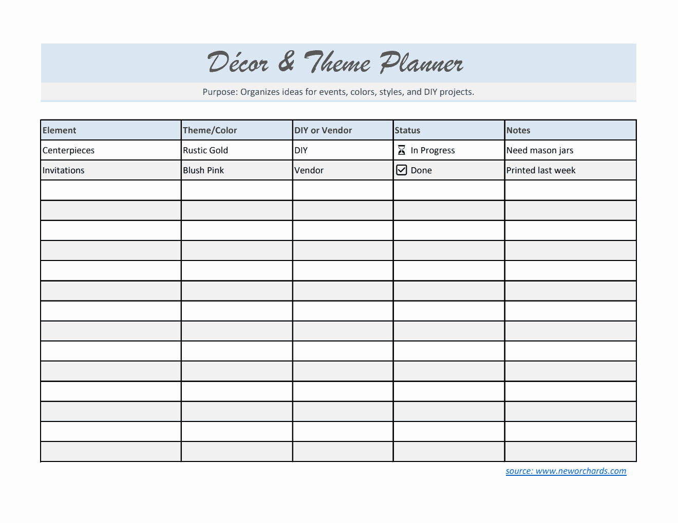Free  Decor & Theme Planner Template (Excel)