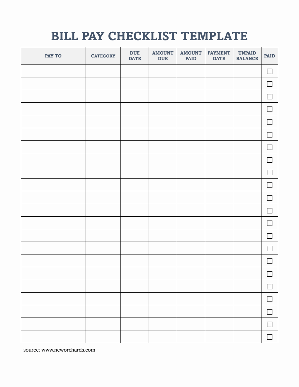 Editable Bill Pay Checklist Template PDF
