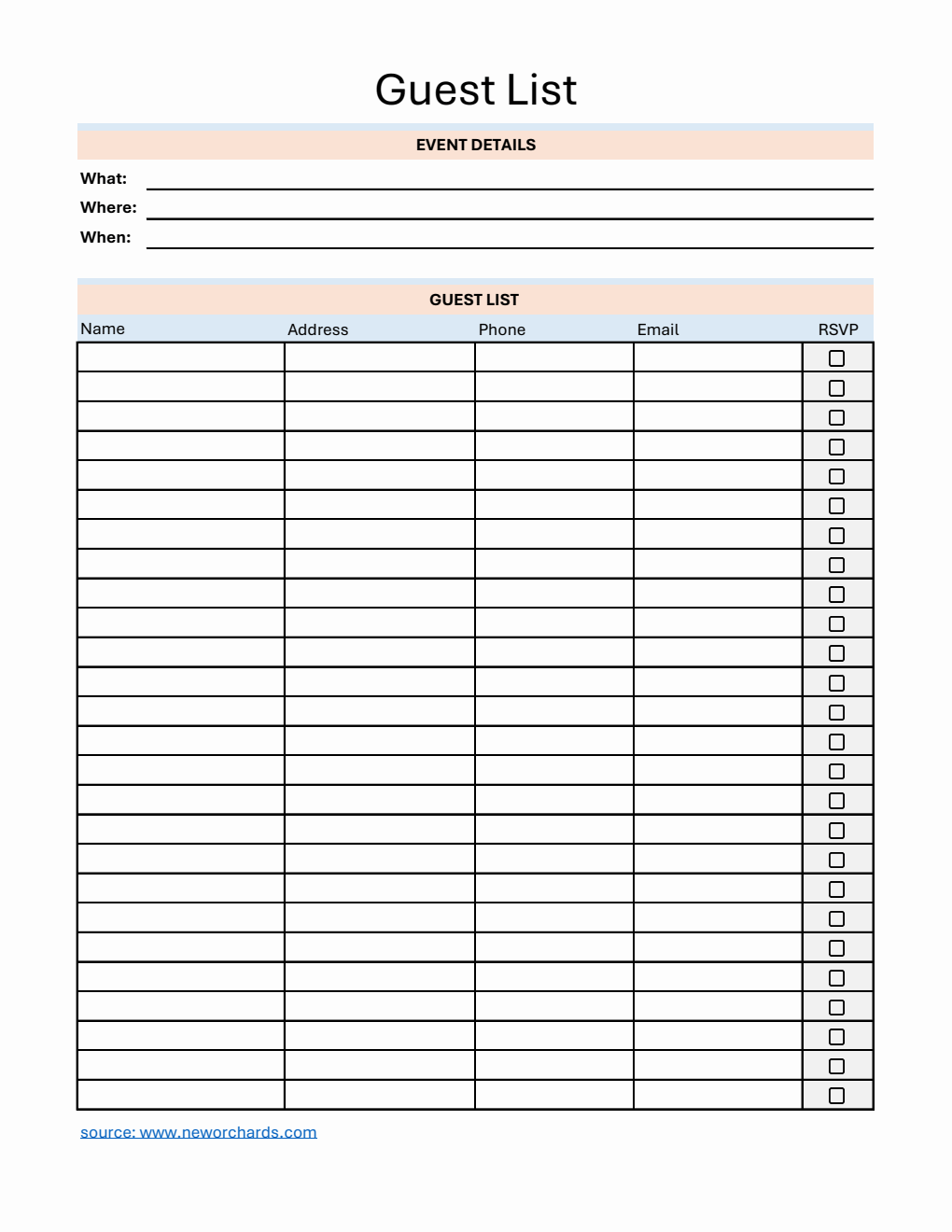 Free  Event Guest List Template (Excel)