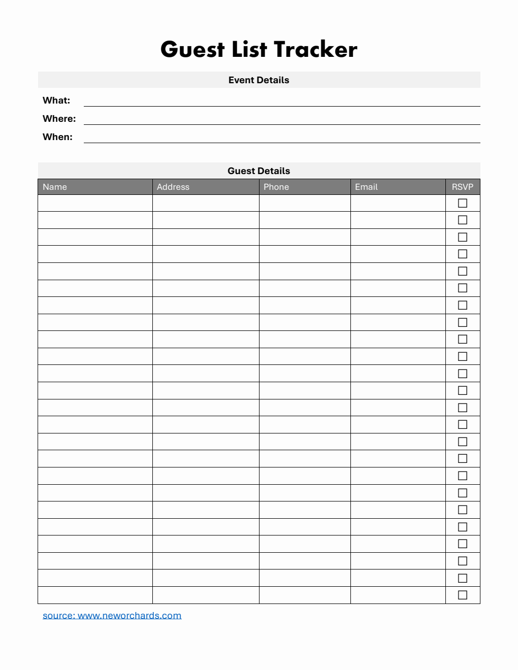 Free Downloadable Event Guest List Template (Word)