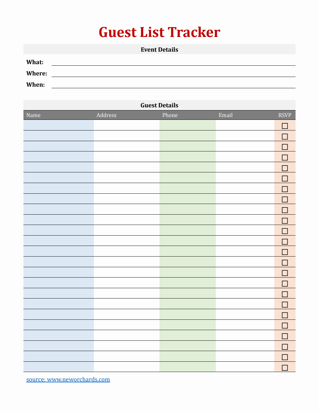 Free Basic Event Guest List Template (PDF)