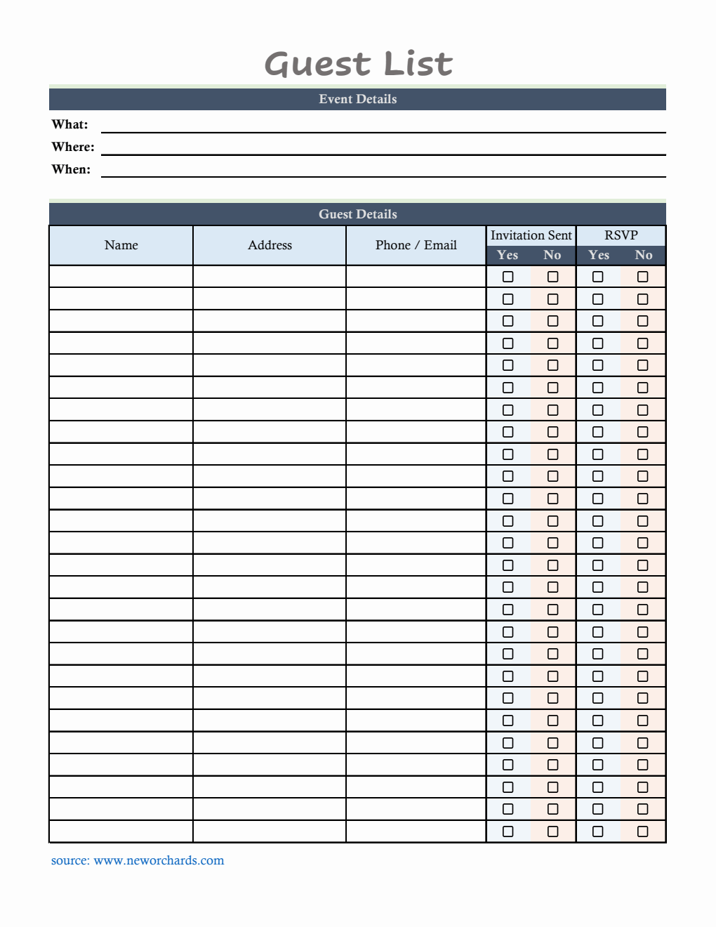 Editable Event Guest List Tracker | Free Excel Template Download
